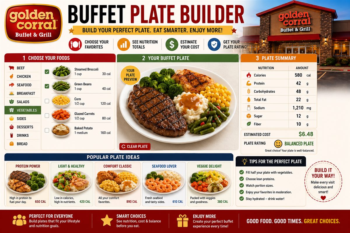 Buffet Plate Builder showing food categories custom plate nutrition cost and balanced plate rating