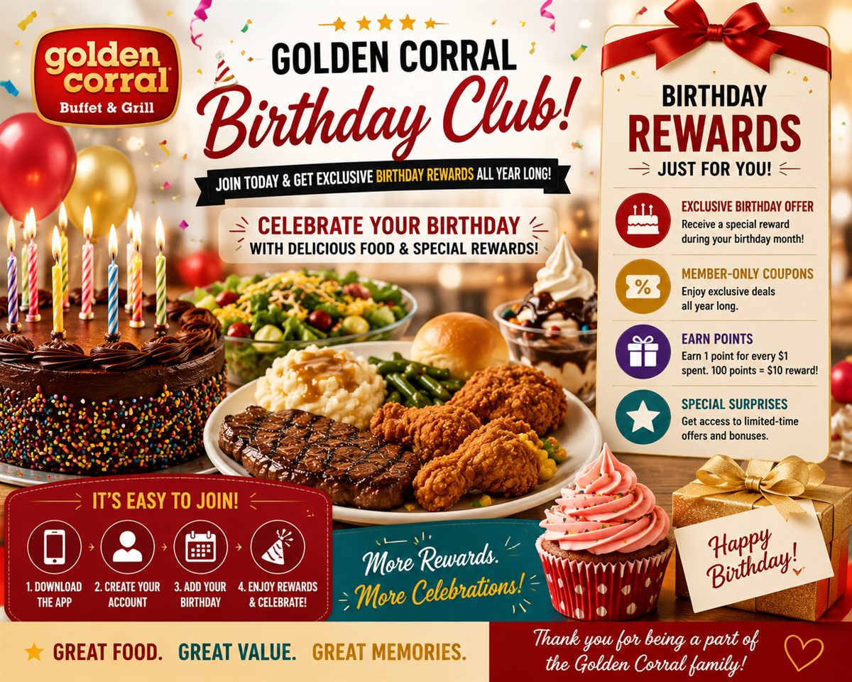 Golden Corral Birthday Club rewards guide with birthday buffet meal and app rewards