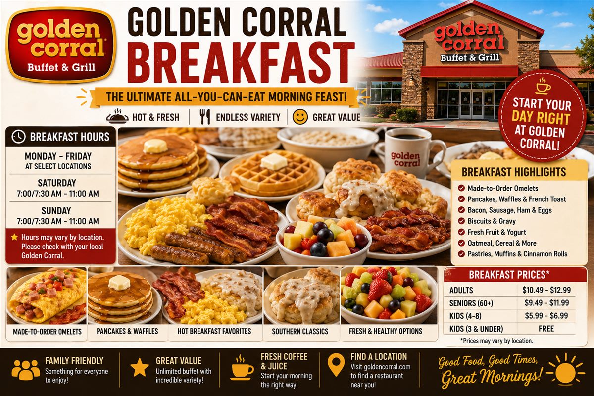 Golden Corral Breakfast guide showing buffet hours prices omelets pancakes waffles biscuits bacon eggs fruit and coffee