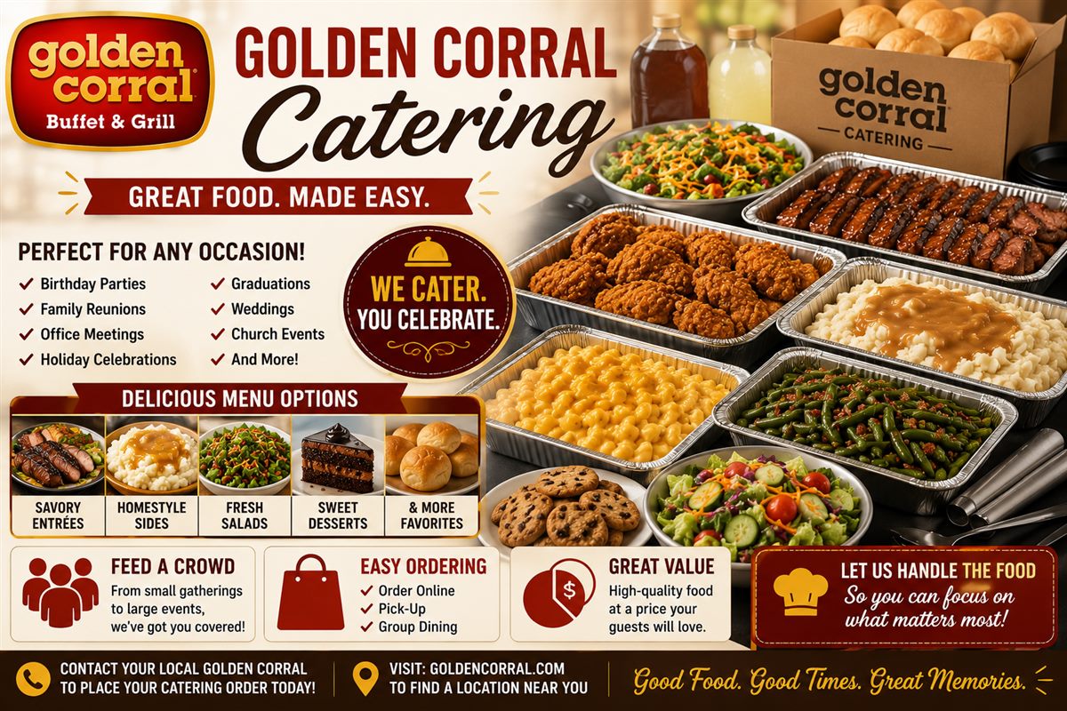 Golden Corral Catering Guide Golden Corral Catering guide with catering trays fried chicken steak sides salad desserts and event options
