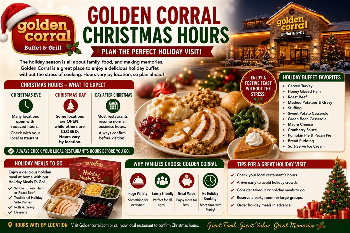 Golden Corral Christmas hours guide with holiday buffet meal and seasonal menu