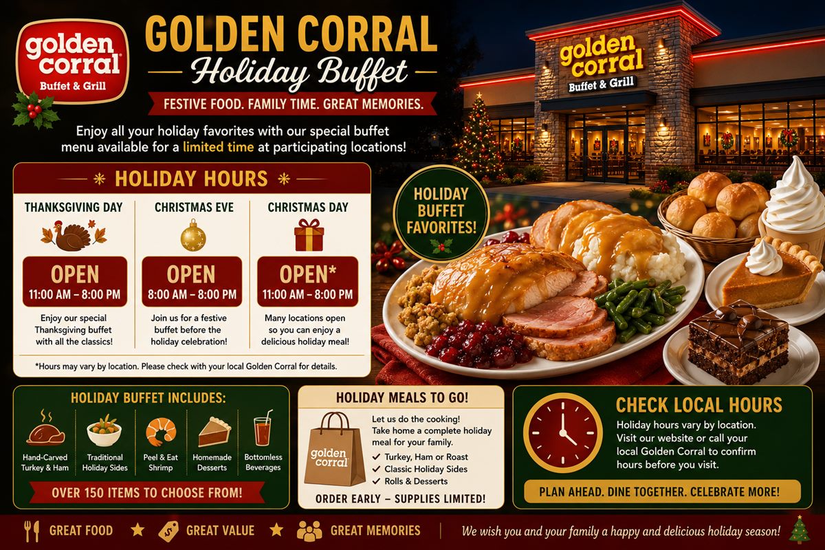 Golden Corral holiday buffet guide with turkey ham sides desserts and holiday hours