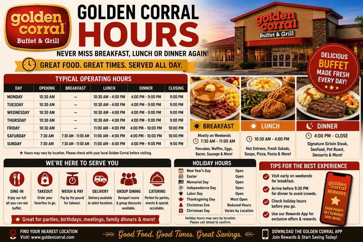 Golden Corral hours for breakfast lunch dinner and holidays