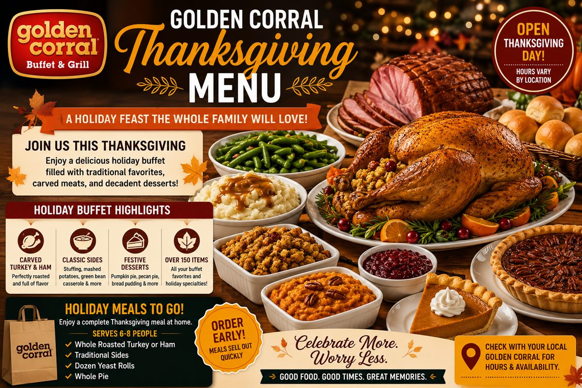 Golden Corral Thanksgiving Menu guide with roasted turkey ham sides desserts and Holiday Meals To Go