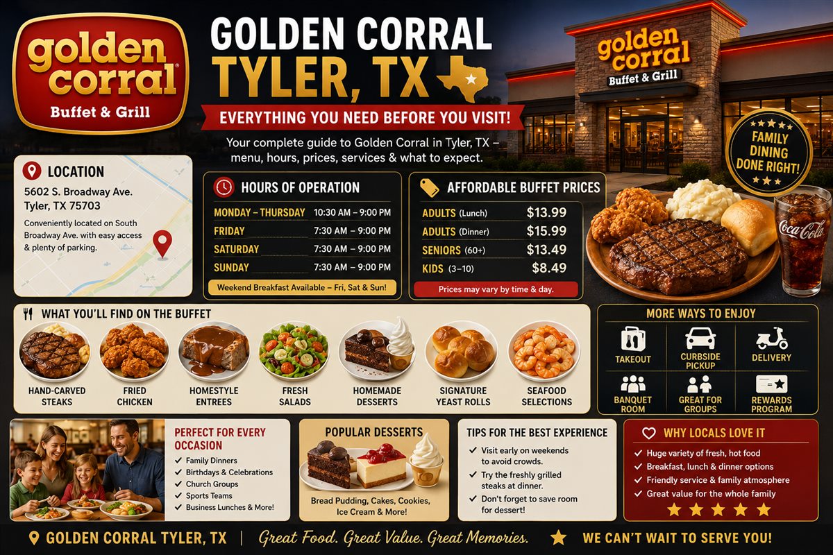Golden Corral Tyler TX guide with restaurant location hours buffet services and desserts