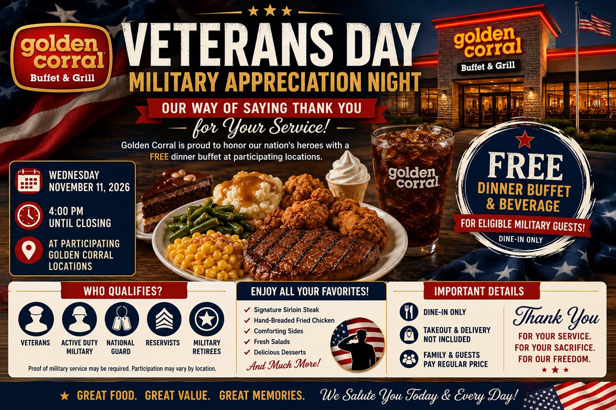 Golden Corral Veterans Day Military Appreciation Night free buffet guide